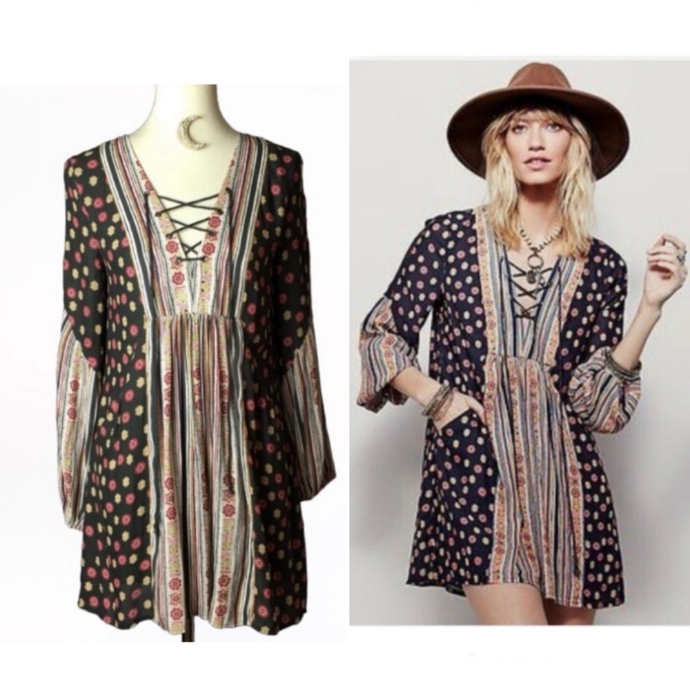 Free People Rain or Shine Pebble Bohemian Lace-Up Tunic Mini Dress XS